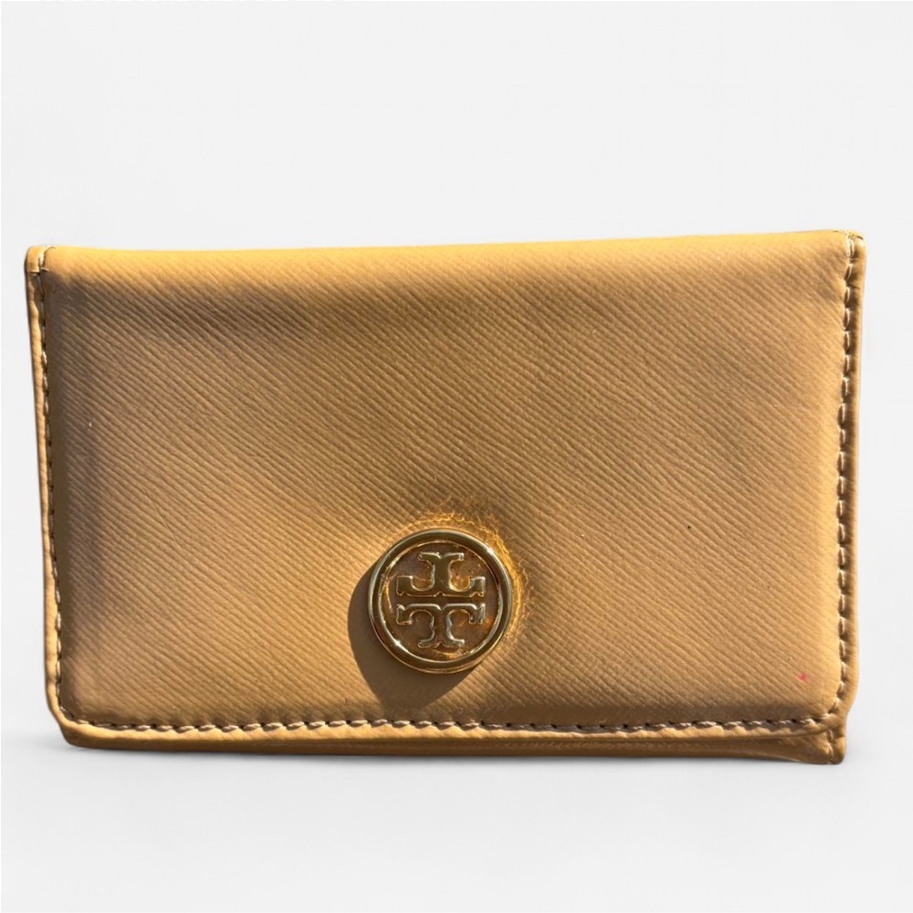 Tory Burch Small Tan Trifold Card Holder Wallet.